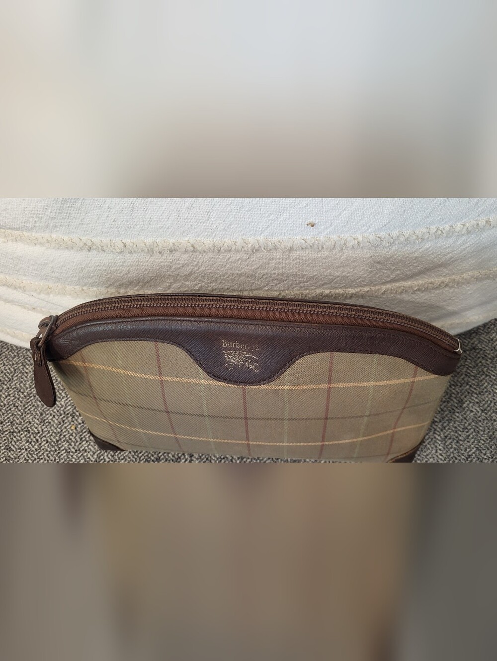 Vintage Burberry Tan Plaid Canvas Toiletry Pouch with Brown Leather Trim